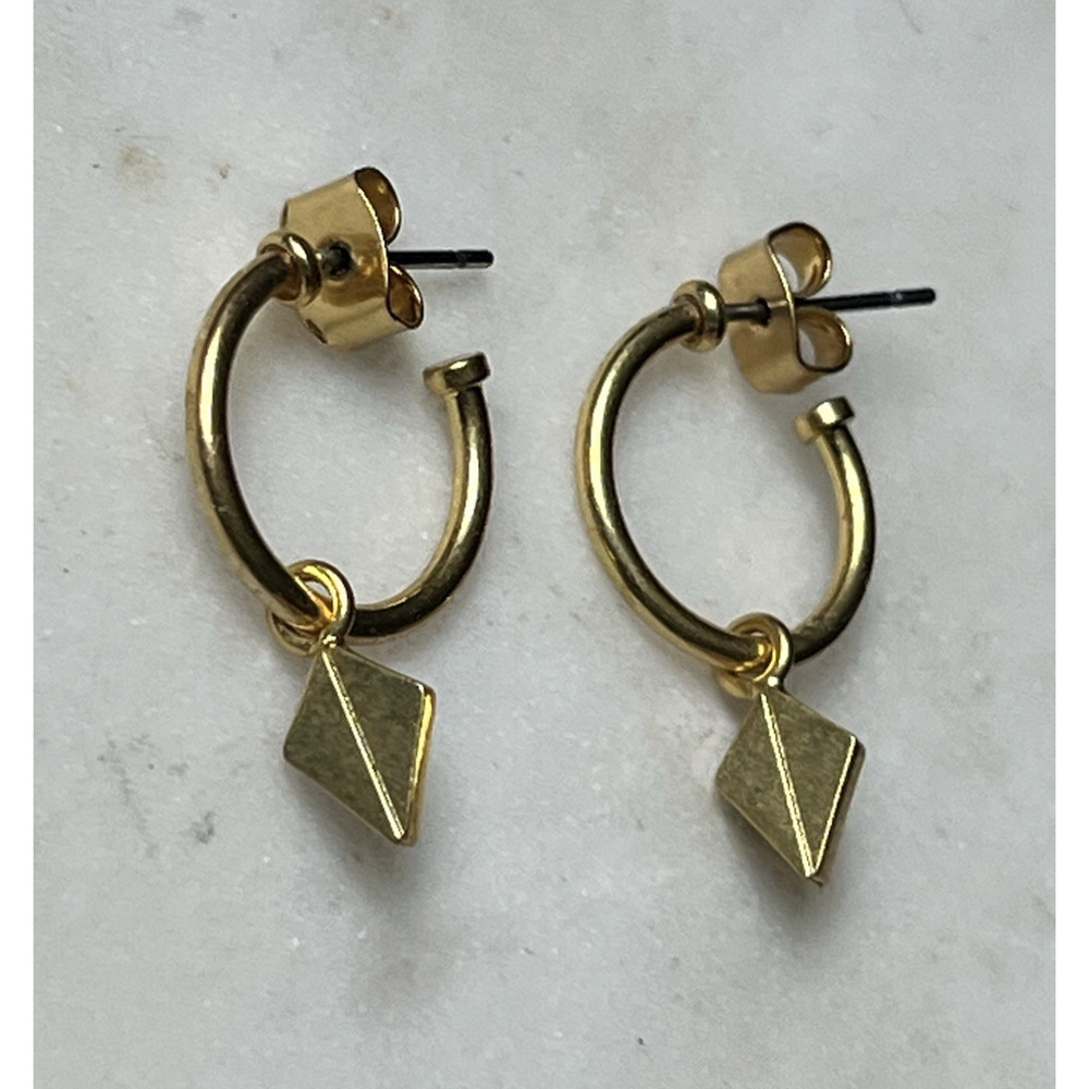Huggie Hoop Earrings with Diamond Shape Charm Dainty Gold Tone Mini Hoops
